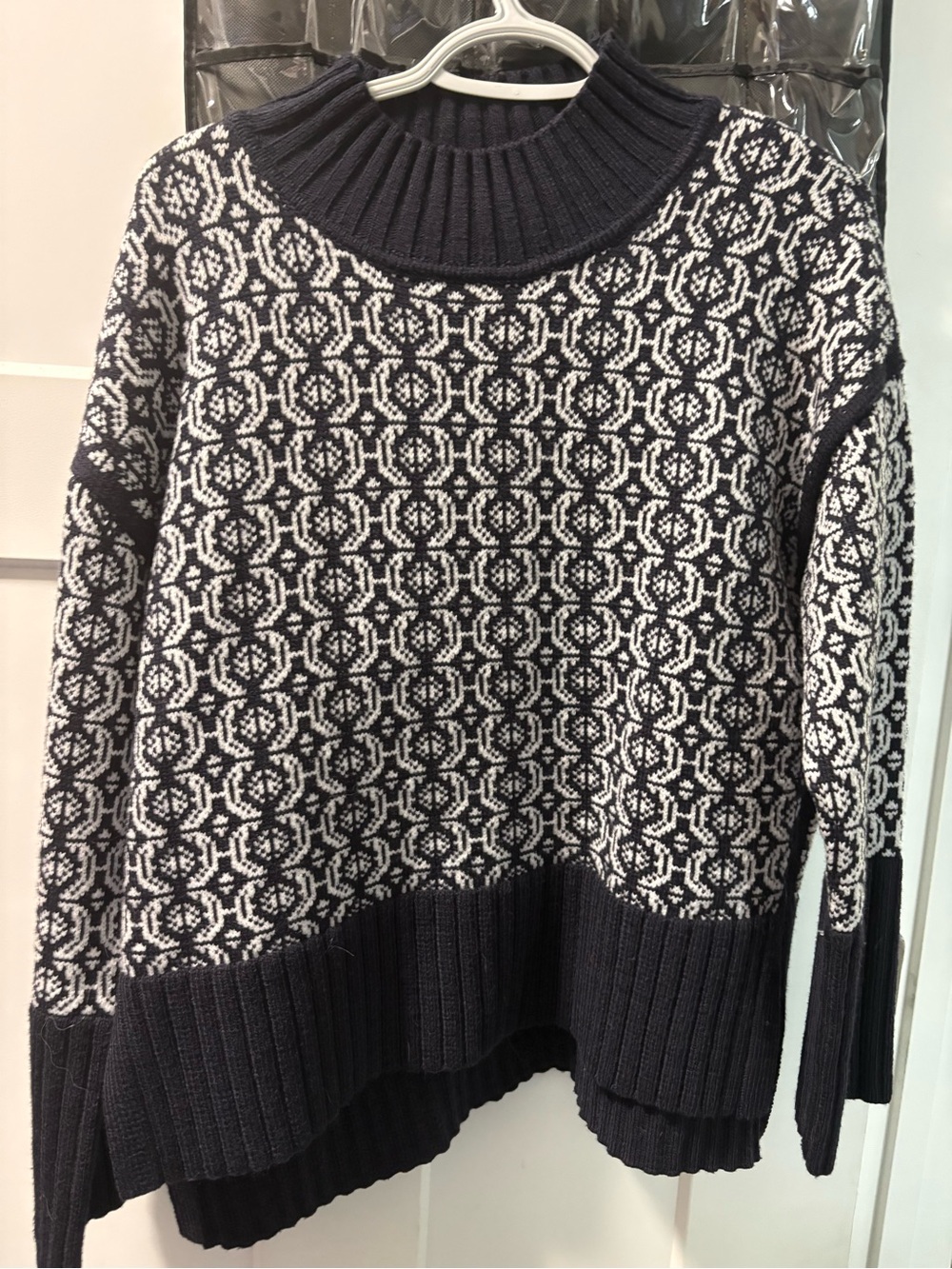 Navy & White Geometric Knit Turtleneck Sweater